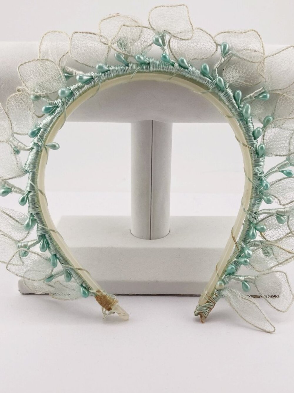 VINTAGE Mint green thread and faux pearl wedding headband with white mesh leaves
